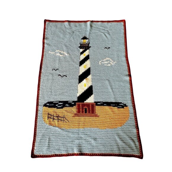 Vintage crocheted blanket with lighhouse scene 68" x 43" - Picture 1 of 7